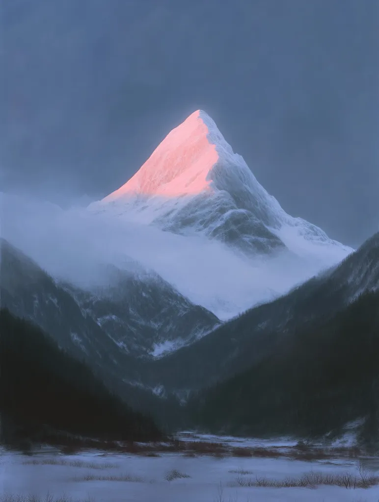 A snow-capped mountain peak is bathed in soft pink light, as the sun rises over the horizon. The mountain stands tall and imposing, surrounded by rolling hills and a valley covered in a blanket of snow. The sky is a pale blue, with hints of pink and orange, creating a serene and breathtaking landscape. The scene evokes a sense of peace and tranquility, highlighting the beauty of nature at its finest.
