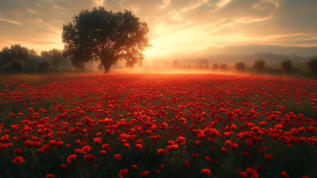 A large, solitary tree stands in a field of red poppies. The sun is setting, casting a warm glow over the scene. The air is hazy and there is a sense of peace and tranquility. The beauty of the natural world is on full display.