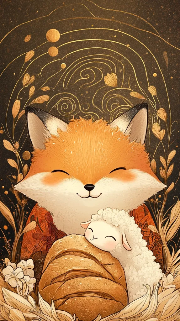 A cute fox with a big smile, with a small, white lamb nestled in his arms, against a background of dark brown with gold leaf designs and white flowers. They are both hugging a large, brown loaf of bread.  The fox's fur is orange and white, the lamb's fur is white, and the bread is a golden brown. The image is stylized and drawn with a soft, fluffy quality.  The overall impression is one of warmth and happiness.