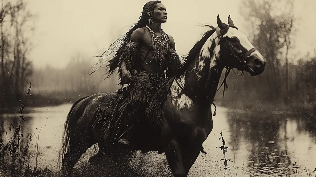 A Native American man, with long dark hair and adorned with jewelry, rides a dappled horse through a shallow river. The man's face is in profile, and he is looking forward with a serious expression. The image is in black and white, and has a timeless quality, capturing the spirit of the American West. The horse is in motion, with its mane and tail flowing in the wind. The background is blurred, suggesting a sense of speed and movement. The image evokes a sense of freedom and adventure.