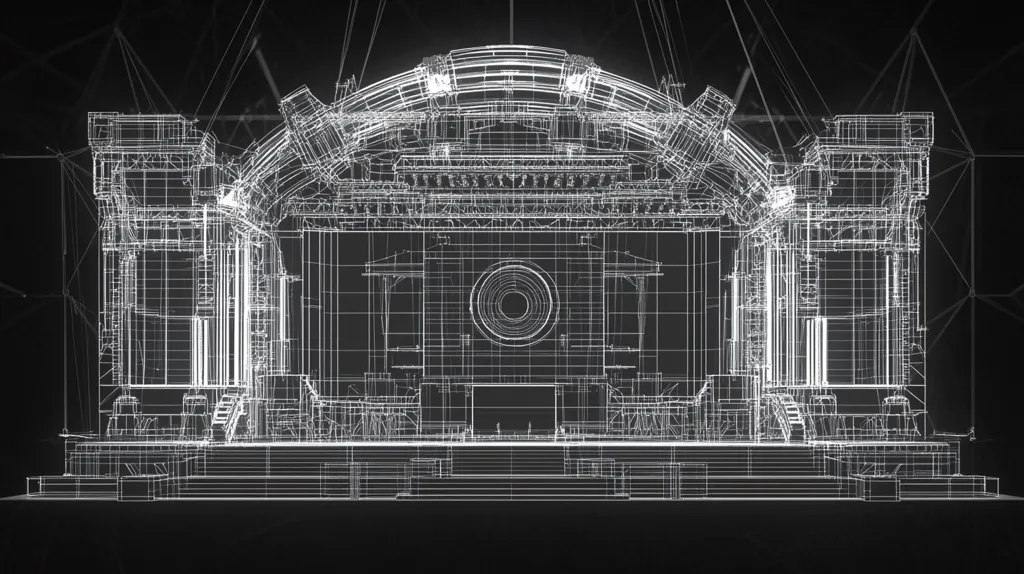 The image depicts a wireframe model of a large, ornate building with a dome and a stage in front. The building is symmetrical and features columns, arches, and intricate details. The wireframe is glowing white against a black background, creating a striking contrast. The image evokes a sense of grandeur and sophistication, suggesting the building could be a concert hall, opera house, or other grand venue.