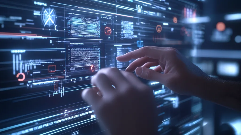 A hand interacts with a computer screen filled with digital data. Blue and orange light illuminate the screen, highlighting the lines of code and graphical elements. The hand's movement suggests interaction with the data, possibly navigating or analyzing it. The image evokes a sense of technology, information, and potentially the power of data analysis.