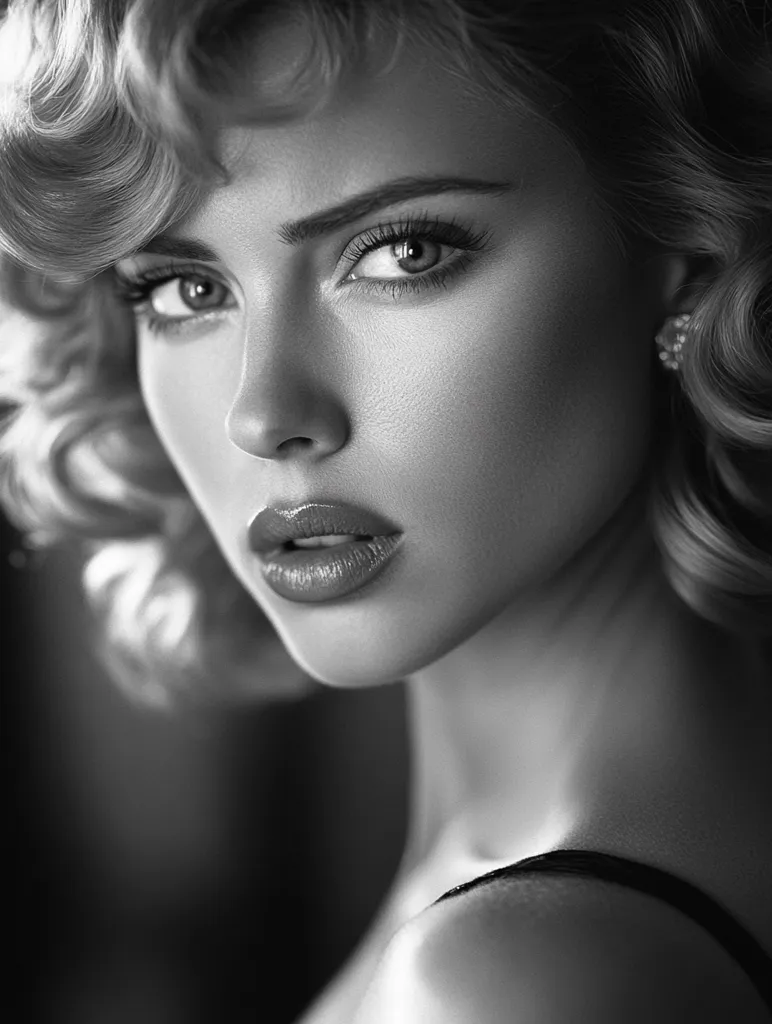 The image is a black and white portrait of a woman with large, expressive eyes and full lips. Her hair is styled in a classic Hollywood wave and she is wearing a simple, elegant top. The lighting is soft and flattering, highlighting her features. The woman appears to be looking off to the side, her expression suggesting a mix of confidence and longing.  The image is reminiscent of old Hollywood glamour, with its focus on beauty and allure.
