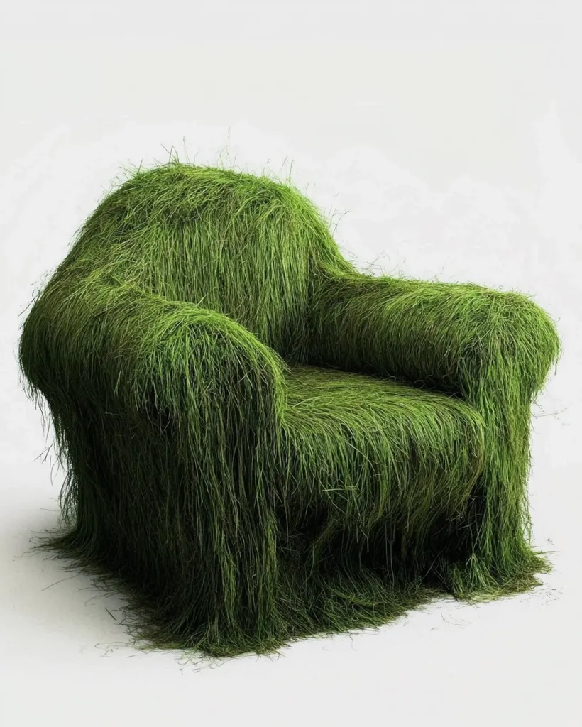 A single armchair is completely covered in long, green blades of grass. The grass hangs down the sides of the chair, creating a natural, organic look. The chair is positioned on a plain white background, highlighting the unique texture of the grass. The image is a creative and playful representation of nature's integration into design.