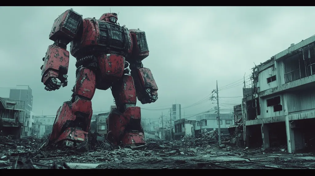A giant, red, weathered robot stands in the middle of a devastated city. The robot's massive hand is extended towards the viewer, and its body is covered in scratches and dents. Buildings are reduced to rubble, and power lines snake through the air. The scene suggests a post-apocalyptic world where the robot has wreaked havoc.