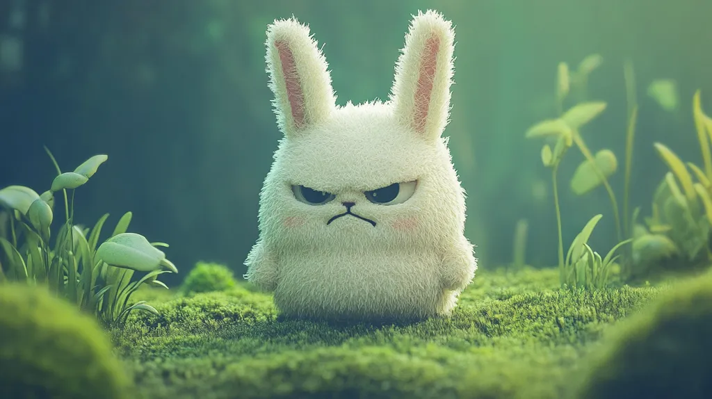 A fluffy white rabbit with large ears sits on a bed of green moss. The rabbit has an angry expression, with furrowed brows and a frowning mouth. The background is blurred and green, suggesting a forest setting. The image is soft and whimsical, with a touch of mischief.