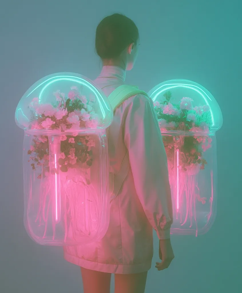 A person with short dark hair is wearing a white shirt and a pair of clear backpacks. Each backpack has a pink glowing light and white flowers in the center. The person’s back is facing the camera and they are standing in a room lit by a soft green light.