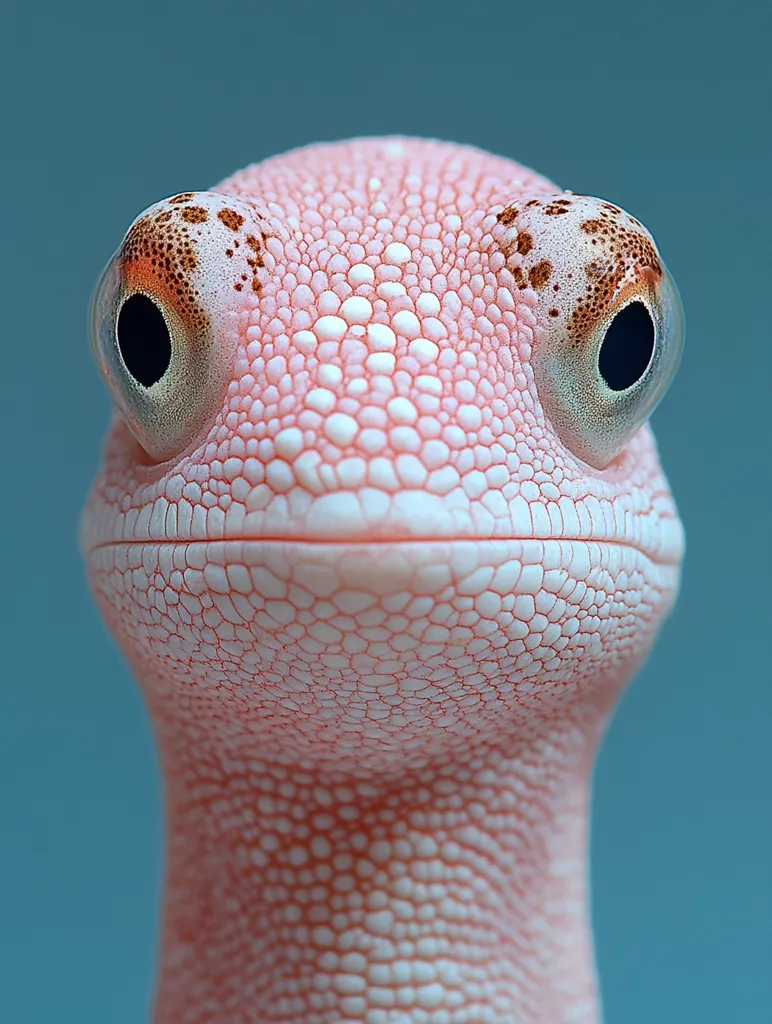 A close-up of a pink gecko's face, with large, black eyes and a slightly open mouth. The gecko's skin is covered in tiny, white scales, giving it a textured appearance. The background is a soft blue, providing a contrast to the gecko's bright pink skin.