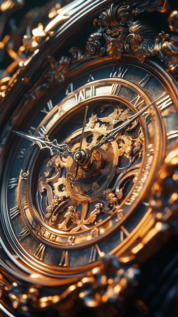 A close-up of a vintage clock face with intricate details and a golden finish. The clock face features Roman numerals and ornate hands that point to the time. The intricate gears and mechanics of the clock are visible through the open face. The background is blurred, showcasing the elaborate design of the clock. The image evokes a sense of time and craftsmanship.
