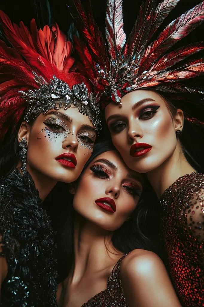 Three women with dramatic makeup are posing for a photo. The woman in the center is wearing a sequined black top while the other two women are wearing red sequins. The woman in the back is wearing a large, ornate headdress of red feathers and rhinestones. The photo is dark and moody, with a focus on the women's faces and their bold makeup.  Their gaze is strong and confident.