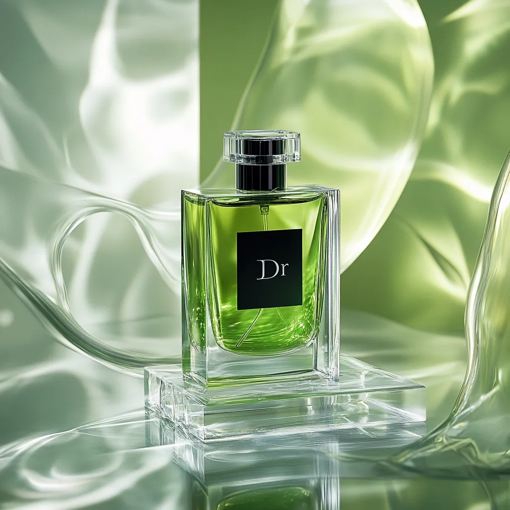 A glass bottle of perfume sits on a clear glass platform. The bottle is square with a black cap and a black square label that says "Dr" in white letters. The bottle is filled with a green liquid. The background is a green, silky material with light reflecting off of it.  The image has a modern and luxurious feel.