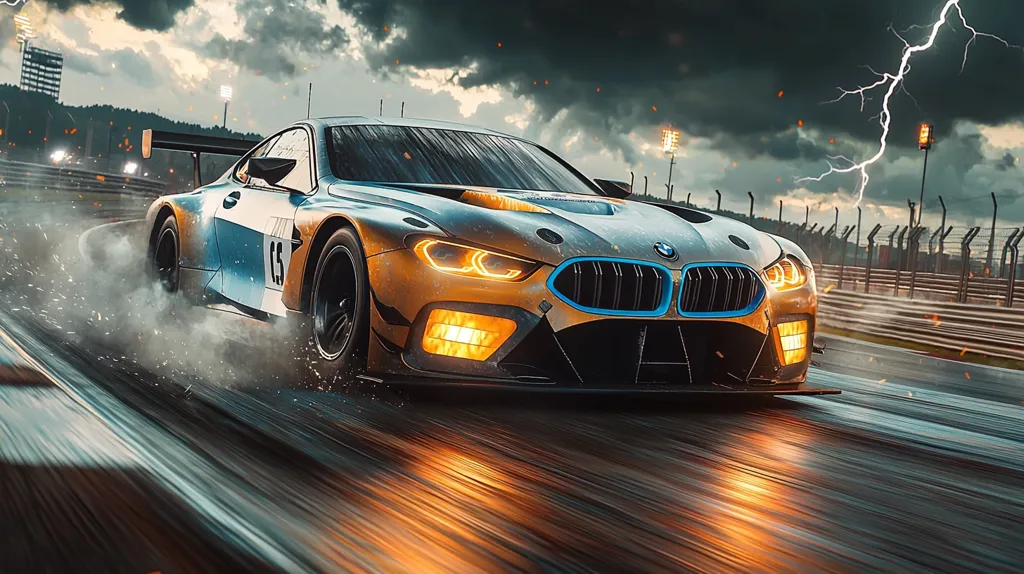 A blue and yellow BMW race car speeds around a track, kicking up smoke and water spray as it navigates a bend.  The car is lit up by the glow of its headlights and the flashing lights of the track. In the background, a stormy sky with lightning strikes adds to the drama of the scene.  The blurry lines of the track indicate speed and movement.  The image is a powerful representation of adrenaline and the thrill of racing.