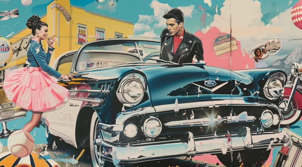 A vintage collage featuring a 1950s American car, a woman in a pink dress and a man in a leather jacket. The image is set against a colourful background with elements of 1950s Americana, like baseballs, a motorcycle, and a poster for a "Drive-In".  The overall feel of the image is nostalgic and playful, evoking a sense of youthful rebellion and freedom.