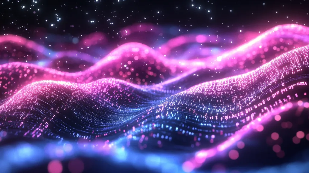 A digital abstract background with a dark background and pink and blue glowing particles forming waves. It has a soft, dreamy feel with a scattering of light, giving an impression of stars.