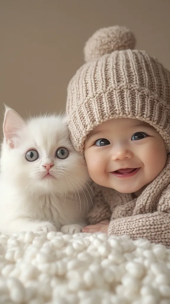 A baby wearing a knitted hat and sweater is smiling while looking at the camera. A white cat with big, round eyes is sitting next to the baby on a fluffy white blanket. The baby's eyes are wide with happiness and the cat's eyes are filled with curiosity.  Both the baby and cat seem to be enjoying each other's company. The scene is full of warmth and innocence.