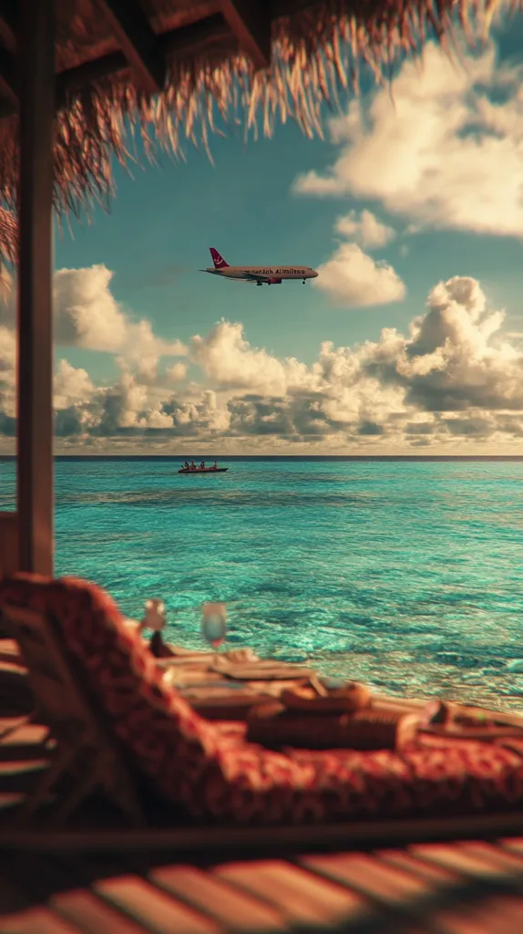 A  view from a tropical  beach hut of a turquoise ocean.  A plane flies overhead in a bright blue sky, passing through a  patch of fluffy clouds.  A small boat with people inside cuts through the water in the distance.  The hut is made of woven palm leaves, offering a shady retreat.  A glass sits on a table in the foreground, suggesting a relaxing escape.