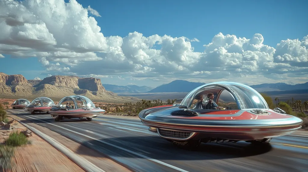 A line of futuristic, dome-shaped vehicles, resembling flying saucers, drive down a highway in a desert landscape. The vehicles are silver and red, with clear domes that reveal the drivers inside. The setting is arid, with red rock cliffs and sparse vegetation in the background. Fluffy clouds fill the blue sky above.  The image has a retro-futuristic feel, suggesting a vision of the future from a bygone era.