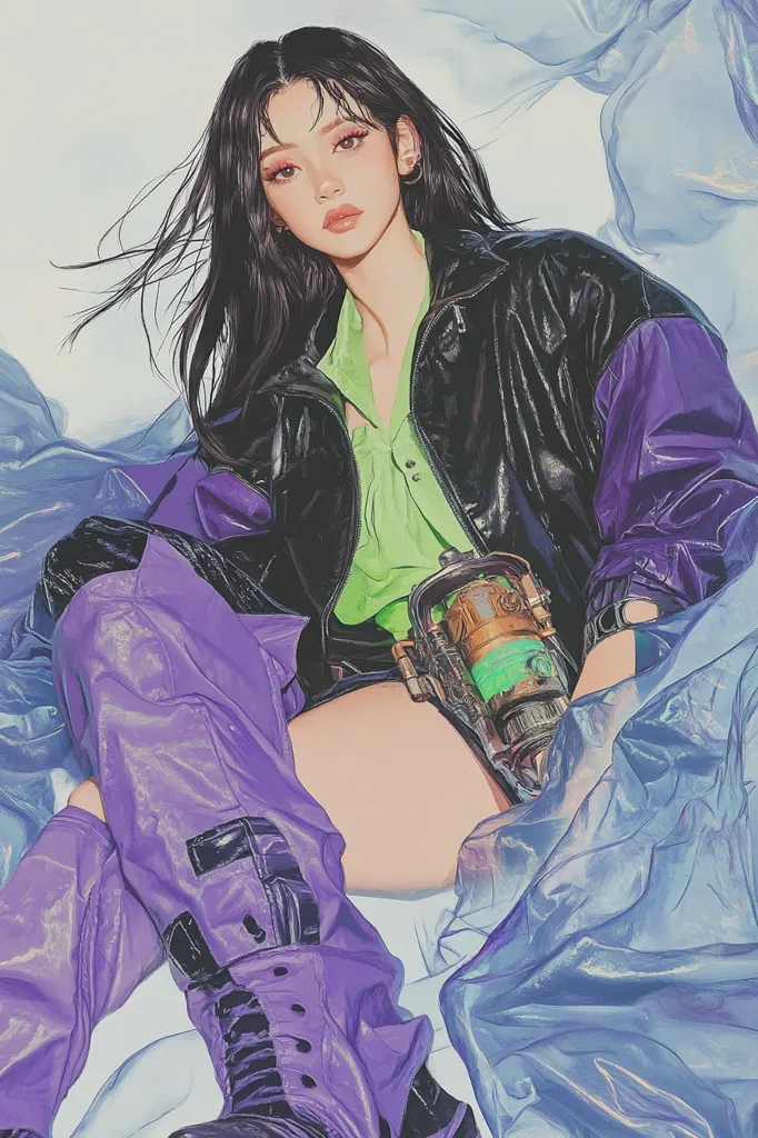 A young woman with long black hair is sitting on a bed of iridescent fabric. She is wearing a black leather jacket with purple accents, purple pants, and black boots. She has a serious expression on her face and her eyes are looking off to the side. There is a steampunk-style device attached to her wrist. The image has a futuristic and stylish feel.