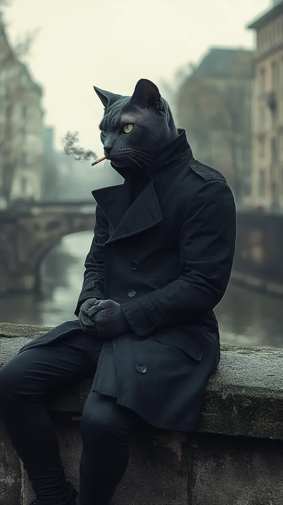 A black cat, dressed in a long black coat, sits on a stone ledge with a cigarette in its mouth. The cat has a serious expression on its face and looks out at the foggy city.  The image is moody and evocative, suggesting a sense of mystery and intrigue.  The cat's human-like attire and actions create a humorous and surreal juxtaposition.  The blurry background adds to the feeling of isolation and thoughtfulness.  The image is a playful and imaginative commentary on human nature and the power of imagination.
