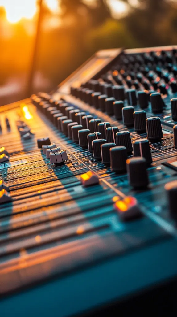 A close-up shot of a sound mixer with rows of knobs and sliders. The background is blurred, with a warm orange glow. The image evokes a sense of music production and live performance. The focus on the knobs and sliders suggests precision and control, while the warm glow adds a touch of intimacy and energy.