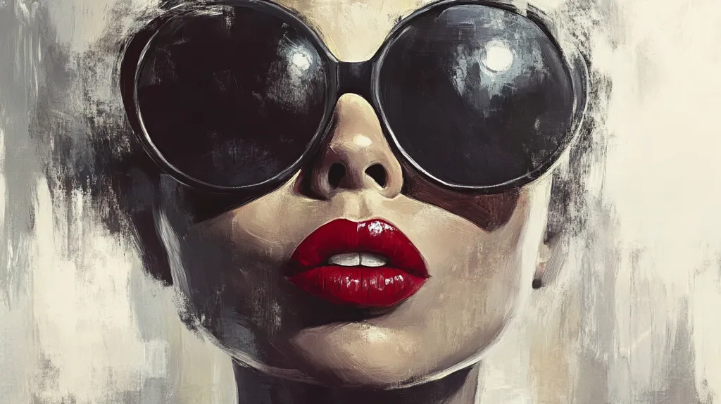 The painting depicts a woman's face, partially obscured by large, dark sunglasses. Her lips are painted a vibrant red, and her skin is smooth and pale. The background is a simple, pale canvas, creating a stark contrast with the woman's features. The image captures a sense of mystery and allure, leaving the viewer wondering about the woman's identity and thoughts. The overall style of the painting is loose and impressionistic, with bold strokes and a focus on the essential elements of the subject.