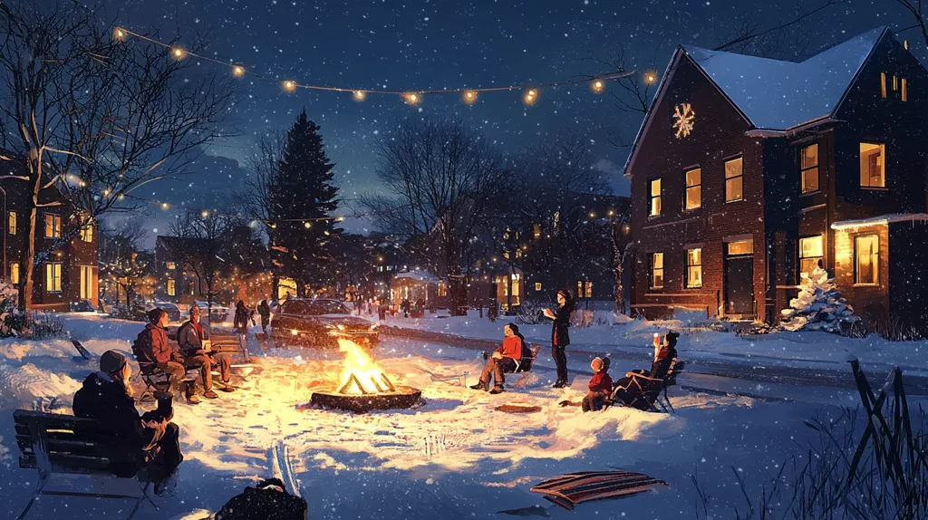 A cozy winter scene with a group of people gathered around a bonfire in a snowy neighborhood. The houses are lit up with warm yellow lights, creating a festive atmosphere. String lights hang overhead, adding to the ambiance. Snow falls softly, creating a magical and romantic feel. The people are bundled up in warm clothing and enjoying the warmth of the fire. The scene evokes a sense of community and warmth, a perfect depiction of a winter evening.