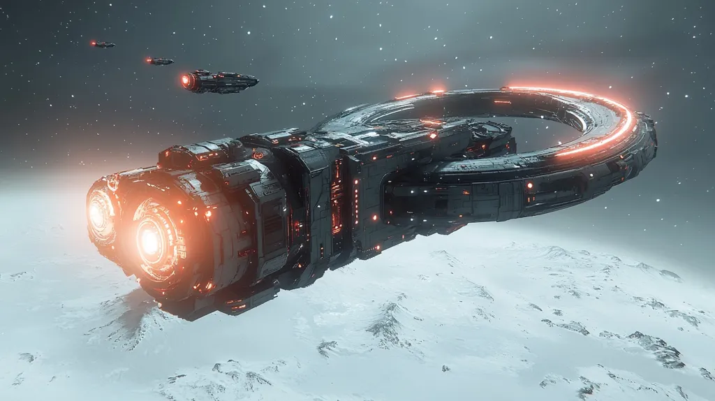 A futuristic spaceship, with a ring-shaped structure, flies over a snowy, alien landscape. The spaceship has a dark grey exterior, with glowing orange lights illuminating its interior. In the distance, two smaller spacecraft fly in formation. The background is a starry sky. The scene is filled with a sense of awe and wonder.