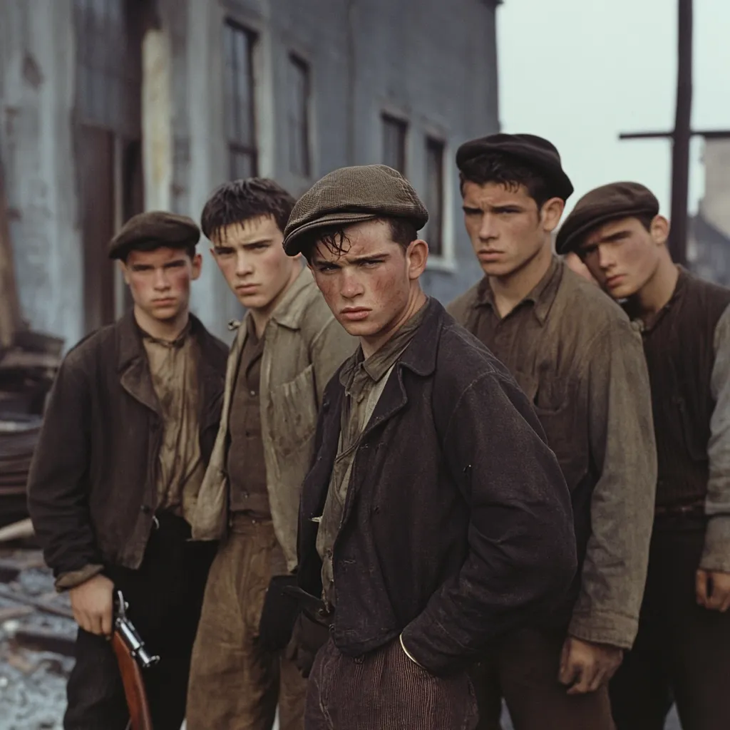 Five young men stand in a row, facing the camera. They are dressed in working class attire, with caps and jackets. The man in the center is wearing a dark jacket and has a serious expression on his face. The others look more casual, with two wearing lighter jackets and two wearing shirts. They are all looking straight ahead. The background is out of focus, suggesting a gritty urban setting. The image conveys a sense of camaraderie and shared experience.