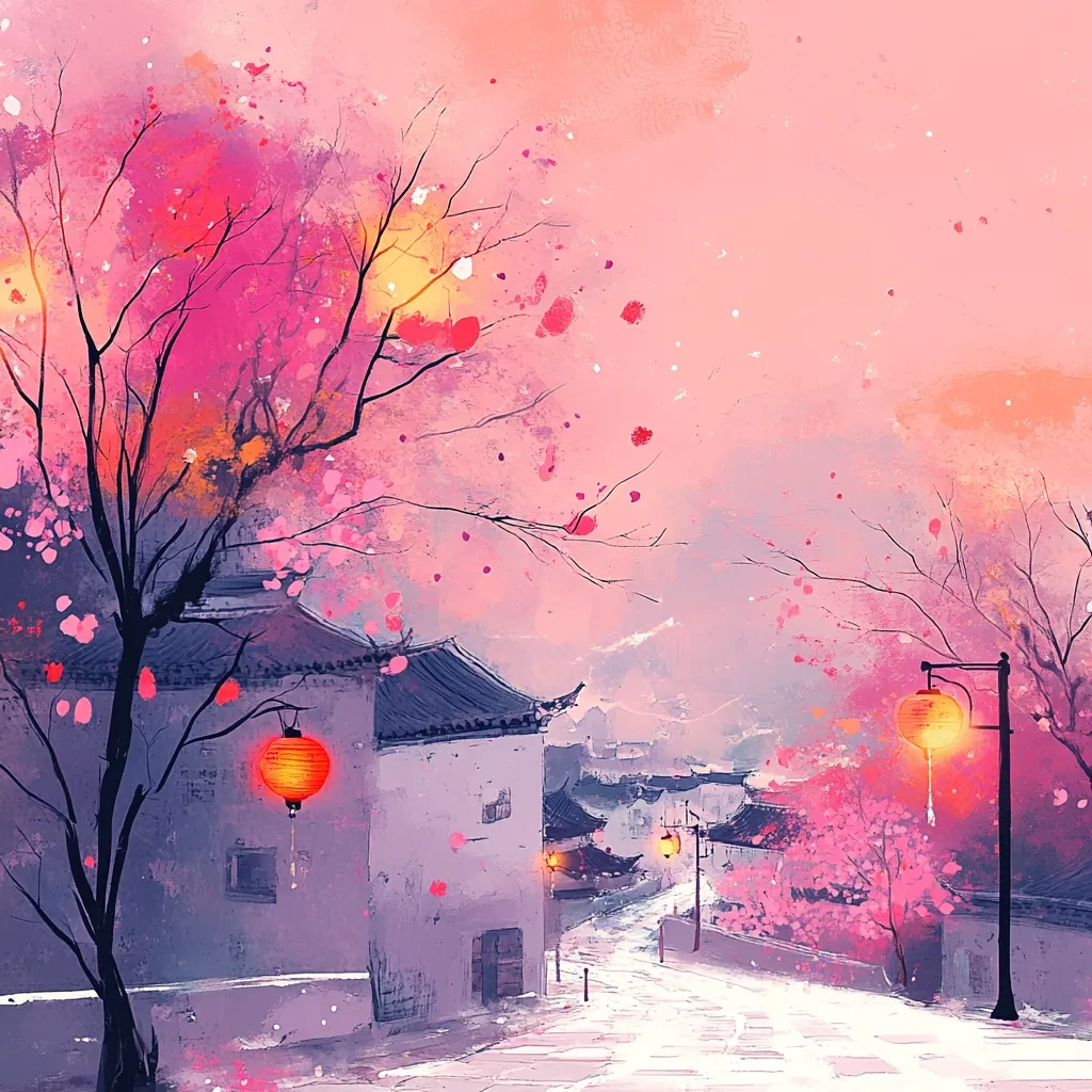A watercolor painting depicts a serene Asian town scene with a vibrant pink sky. A tall tree with pink blossoms stands beside a traditional grey building, a red lantern hanging from a branch. The buildings in the background are soft and hazy, with a cobblestone path leading into the distance. The painting conveys a sense of peace and tranquility.