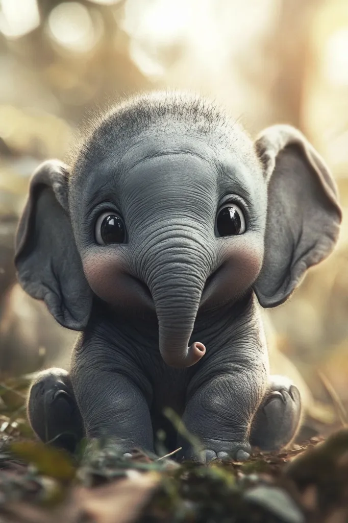 A baby elephant sits in the forest, its large ears folded back and its trunk curled up. Its big, round eyes stare directly at the camera with a hint of innocence and playfulness. The elephant's wrinkled skin and tiny legs highlight its youthfulness. The soft, blurry background adds to the sense of peace and tranquility.  The image captures the endearing charm of this gentle giant.
