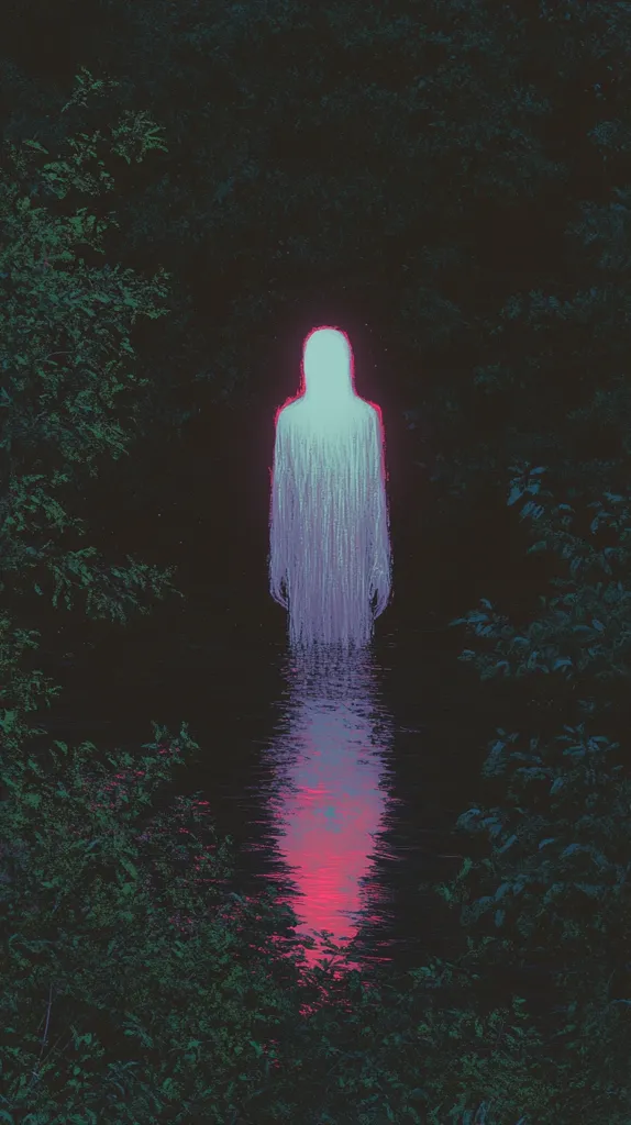 A ghostly figure, glowing with a faint blue light, stands in a dark, wooded area. The figure is reflected in the still water below, creating a surreal and otherworldly scene. The image has a dreamlike quality, with the dark foliage and the ethereal glow of the figure contributing to the atmosphere.  The figure's outline is indistinct, adding to the mystery of the scene.