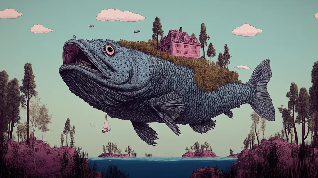 A large, blue fish with a house on its back is floating in the sky. The house is a pale pink color with many windows and a lush green garden growing on its roof. Small, green trees are growing around the house and the fish. The fish is suspended over a body of water with land on either side.  The sky is a pale blue with a few fluffy pink clouds. A small sailboat is seen in the water. The image has a surreal and dreamlike quality.