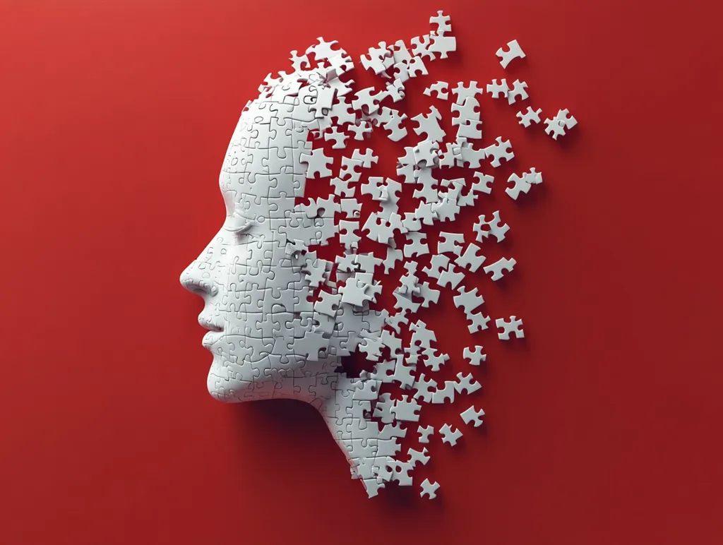 A white, 3D rendered face is composed of jigsaw puzzle pieces. The puzzle is incomplete, with pieces scattered around the face and falling away. The background is a solid red, creating a stark contrast. The image could symbolize the complexity of the human mind or the fragmented nature of memory.