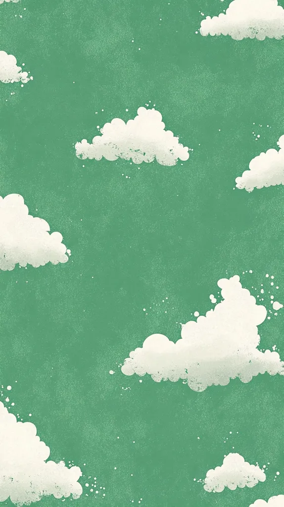 The image is a simple, stylized depiction of a green sky with five white clouds. The clouds are irregularly shaped and have a rough, textured appearance, as though they were drawn with chalk. The background is a solid, light green color, and the image has a vintage, whimsical feel.  The clouds are spread out across the sky, with no visible sun or other celestial bodies. The overall effect is one of peacefulness and serenity.