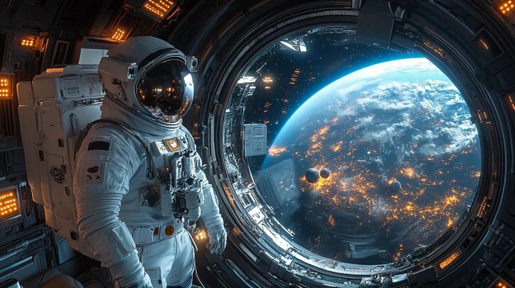 An astronaut in a white spacesuit stands in a spaceship, gazing out of a large circular window at a blue and green planet with glowing city lights. The planet appears to be orbiting a smaller, red planet. The astronaut's helmet reflects the vastness of space and the distant lights of the planet. The interior of the spaceship is dark and metallic, with intricate details and illuminated panels. The scene evokes a sense of isolation and wonder, highlighting the vastness of space and the human desire to explore it.