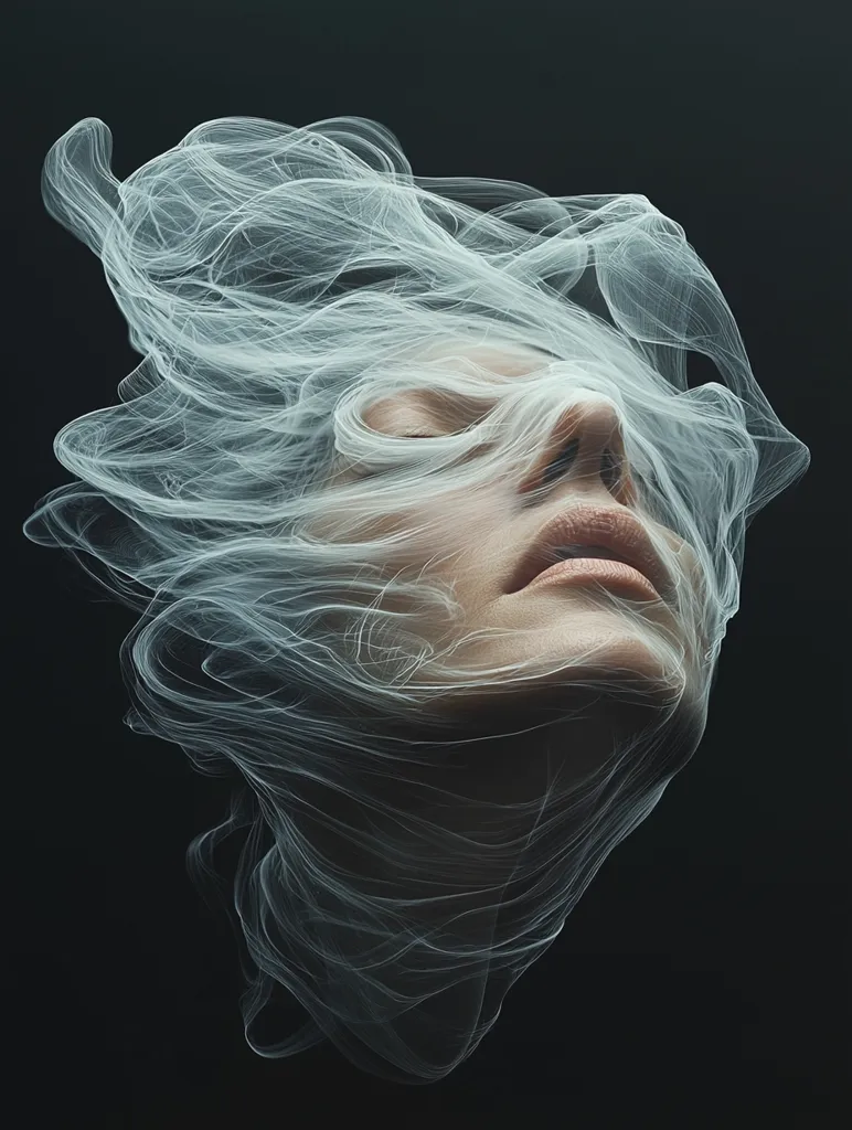 The image shows a woman's face shrouded in wispy, ethereal white smoke. The smoke swirls and dances around her features, creating a sense of mystery and otherworldliness. Her eyes are closed, and her lips are slightly parted, as if she is lost in thought or dreaming. The dark background provides a stark contrast to the delicate smoke, emphasizing its ethereal quality. The image evokes a feeling of tranquility and introspection.