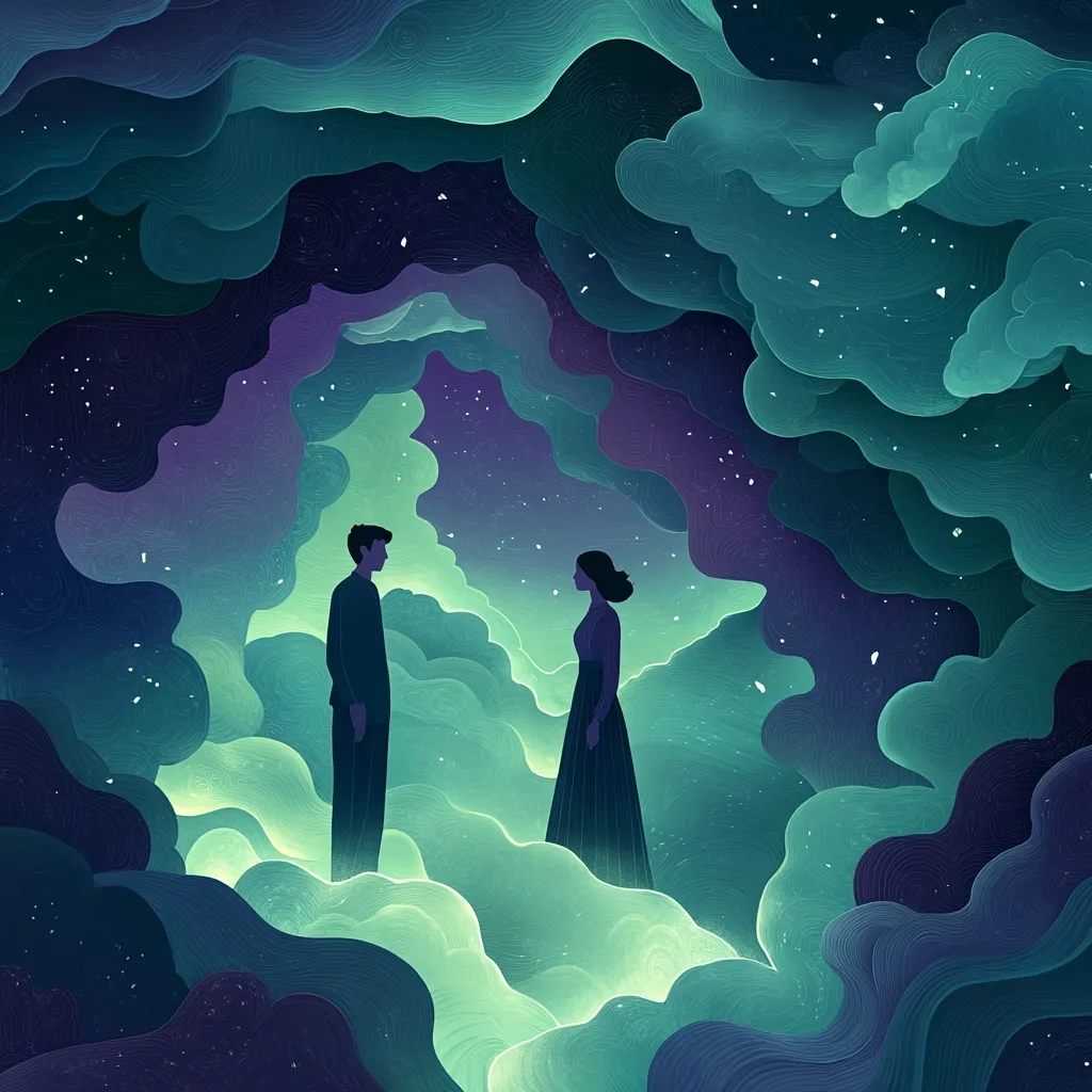 The image depicts a couple standing amidst a swirling, abstract landscape of clouds and stars. The man and woman are silhouetted against a backdrop of vibrant, swirling colors, creating a sense of wonder and mystery. The clouds are depicted in various shades of green and blue, blending into a dreamlike, ethereal background. The overall atmosphere is one of romance and contemplation, suggesting a connection between the two individuals within a surreal and fantastical setting.
