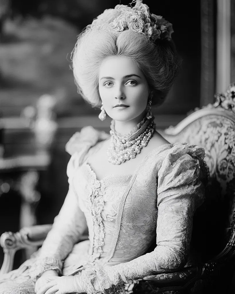 A woman with a large, elaborate hairstyle adorned with flowers, sits in a grand, ornate chair. She is dressed in a long, lace-trimmed gown with a low neckline, showcasing a pearl necklace. Her expression is serious, her eyes gaze directly at the viewer. The photograph is in black and white, creating a timeless and elegant aesthetic.