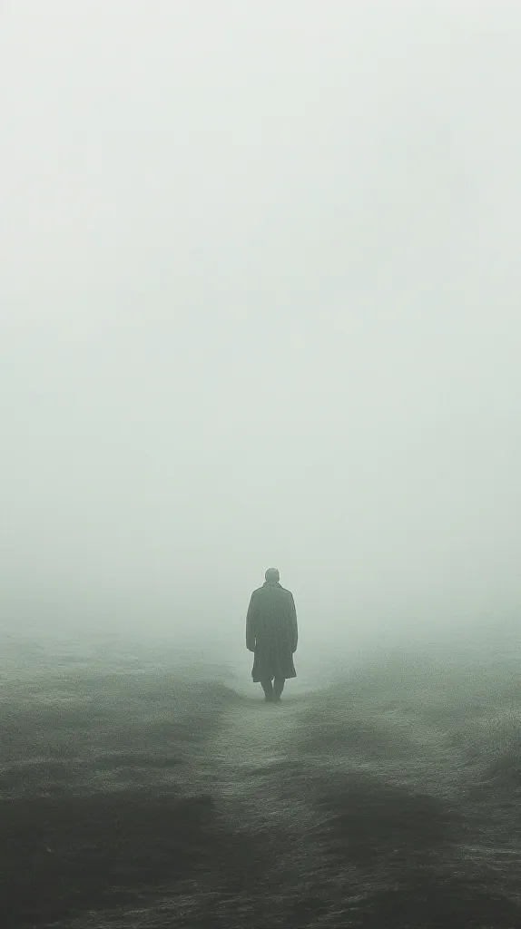 A solitary figure walks across a vast, desolate landscape shrouded in thick fog. The person is dressed in a long coat and their head is down, making their identity unclear. The image evokes a sense of isolation, mystery, and the unknown.