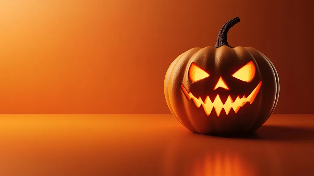 A carved jack-o'-lantern with a menacing grin sits on an orange surface. The pumpkin is lit from within, casting a warm glow on its features. The background is a blurred orange, creating a sense of depth and mystery. The image evokes a sense of spooky fun and Halloween celebration.