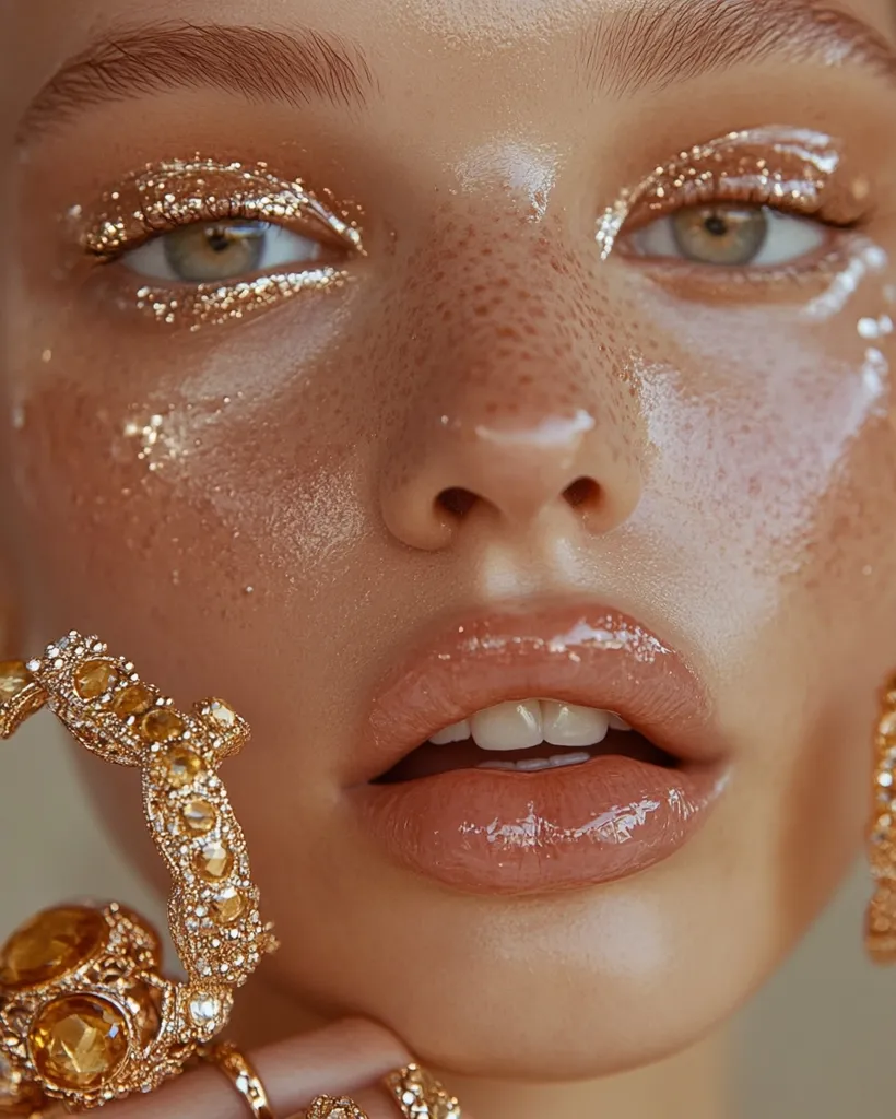 The image shows a close-up of a woman's face, with a focus on her eyes and lips. Her eyelids are adorned with shimmering gold glitter, giving her a glamorous look. Her lips are coated in a glossy nude lipstick, creating a soft and alluring contrast. Her skin is smooth and radiant, with delicate freckles adding a touch of natural beauty. She is wearing large, ornate gold earrings that add to the overall luxurious feel of the image. The lighting is soft and warm, casting a flattering glow on her face. The overall effect is one of elegance and sophistication.