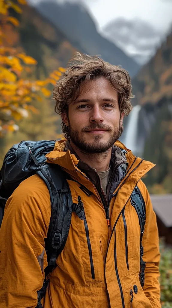 A young man with a beard and curly brown hair is wearing an orange jacket and a backpack. He is standing in front of a blurry background of a forest and a waterfall. The man is looking directly at the camera with a neutral expression.