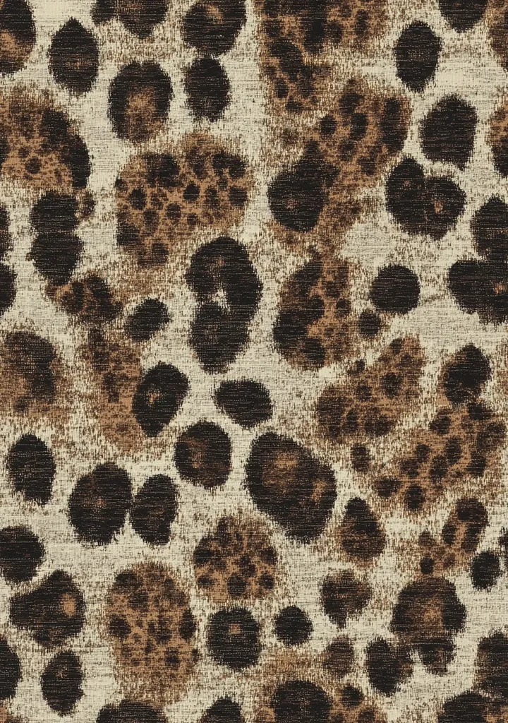 The image is a close-up of a fabric with a leopard print pattern. The background is a light cream color, and the spots are a dark brown, a light brown, and a black color. The fabric has a slightly textured surface.  The pattern is repeated throughout the image, creating a seamless design.