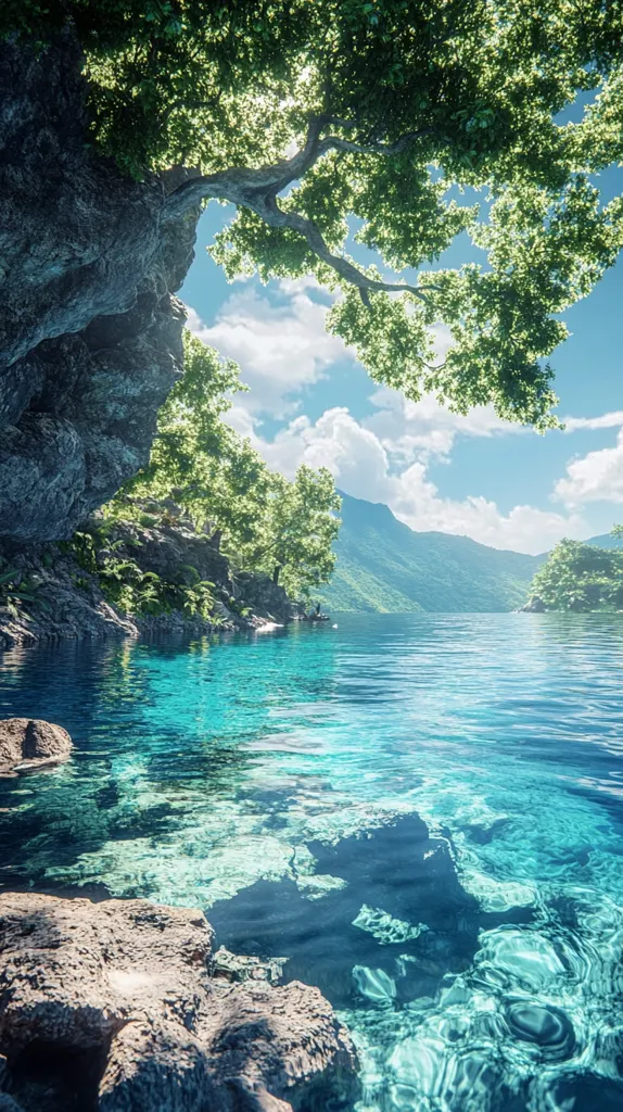 A serene lake with clear, turquoise water stretches out towards a mountainous backdrop. Lush greenery adorns the surrounding landscape, with a thick tree canopy casting shadows over the water. The bright blue sky above is dotted with fluffy white clouds. The tranquil scene evokes a sense of peace and tranquility.