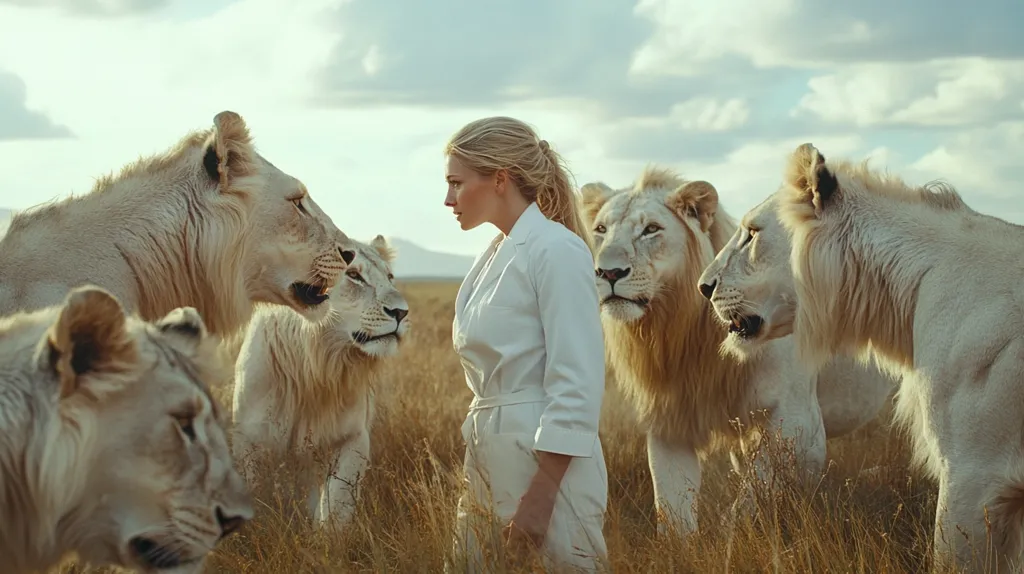 A woman in a white jumpsuit stands in a field of tall grass, surrounded by four white lions. The lions are all looking at the woman, who is looking back at them. The sky is cloudy and the sun is setting in the background. The scene is both beautiful and slightly intimidating.  The woman seems to be in command of the situation, suggesting a strong connection with the animals.  The image may suggest a powerful and symbolic relationship between humans and nature.