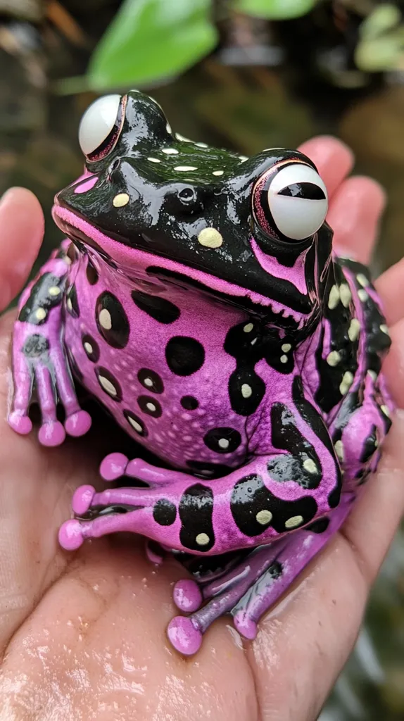 A vibrant purple and black frog, with white polka dots, sits in a human's open palm. The frog has large, prominent eyes and a sleek, wet appearance.  Its skin is textured, with a glossy sheen, and its limbs are curled up in a relaxed pose.  The background is blurred, focusing attention on the frog's beauty.