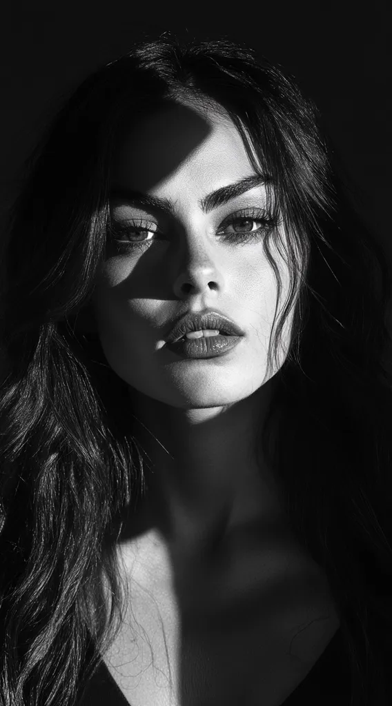 The black and white image features a woman with long dark hair, her face illuminated by a soft light that casts shadows across her cheekbones and jawline. Her eyes, slightly closed, and full lips create a serene and mysterious expression.  Her skin is smooth, and her dark hair frames her face dramatically.  The image has a moody, almost cinematic feel, capturing a moment of quiet contemplation.