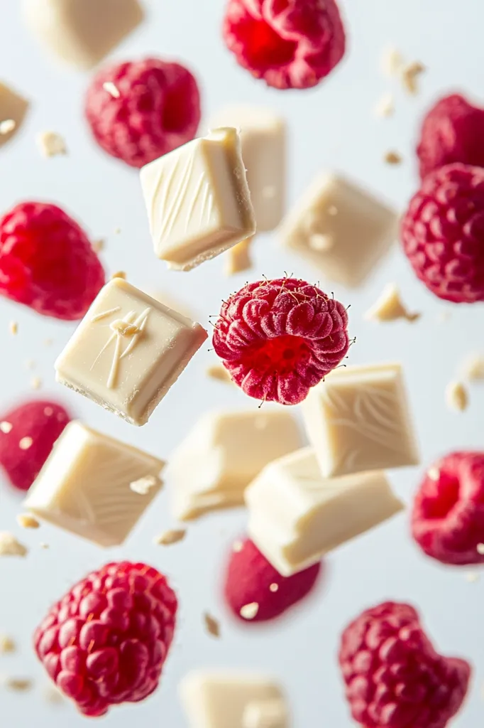 A white background is filled with white chocolate squares and red raspberries that appear to be floating in mid-air. The image is a vibrant and playful depiction of a sweet and delicious combination.