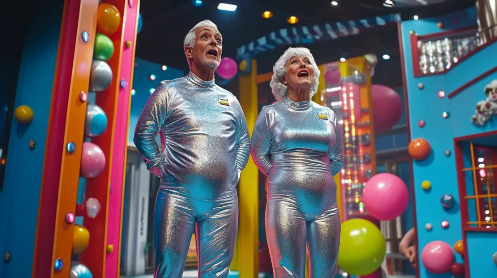 A man and a woman are standing in front of a wall covered in colorful balls. They are both wearing silver jumpsuits, and the woman is looking up with a surprised expression. The man has a slightly startled look on his face. The background is a brightly colored play area with climbing walls and other fun features.