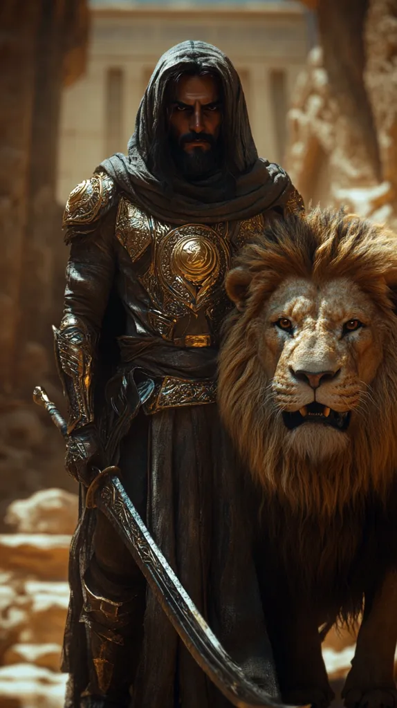 A man in a dark hooded robe and ornate golden armor stands beside a large lion. He holds a curved sword in his hand, its handle adorned with intricate carvings. The man's face is stern, with a dark beard and intense eyes. The lion, with a thick mane and powerful build, stares straight ahead, its expression wary. The background features a blurry backdrop of what appears to be a desert setting. The image evokes a sense of power, mystery, and perhaps even danger.